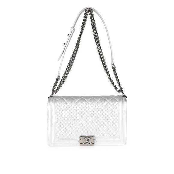 Chanel Silver Metallic Perforated Lambskin Large Boy Bag - Picture 4 of 9